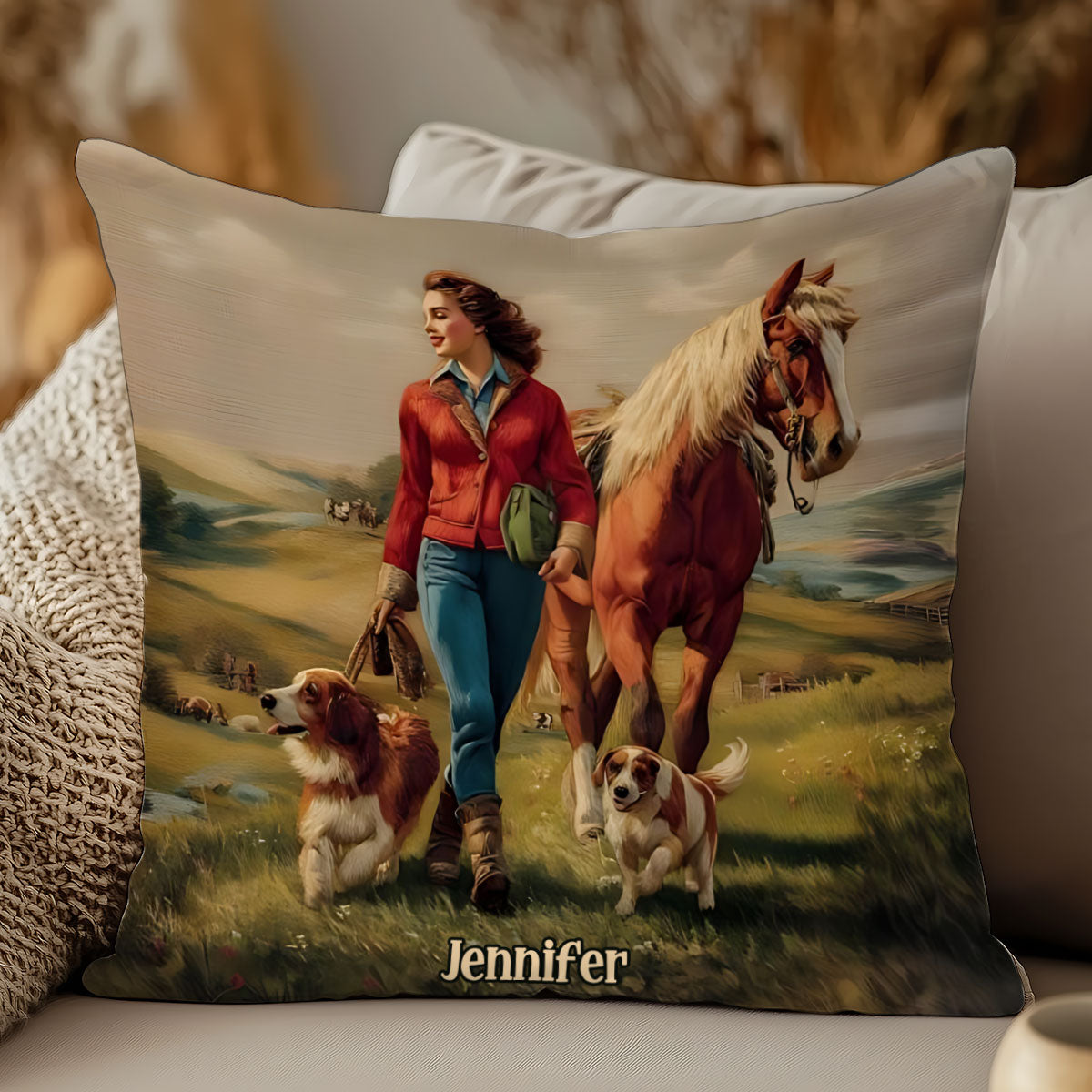 Elle aime les chevaux et les chiens - Coussin décoratif personnalisé à motif cheval