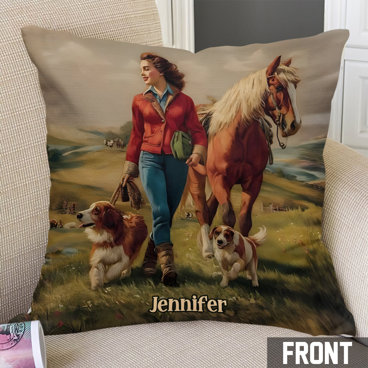 Elle aime les chevaux et les chiens - Coussin décoratif personnalisé à motif cheval