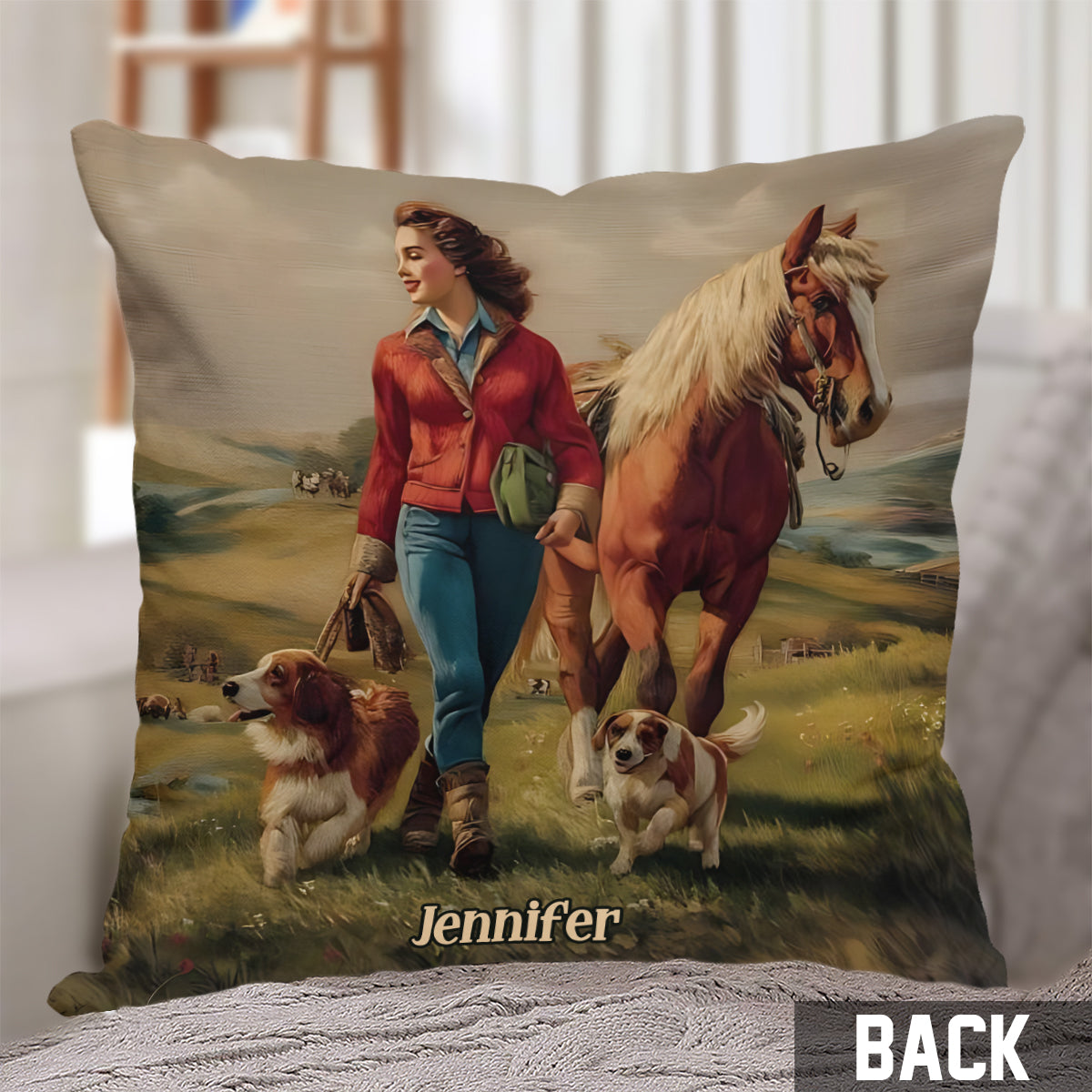 Elle aime les chevaux et les chiens - Coussin décoratif personnalisé à motif cheval