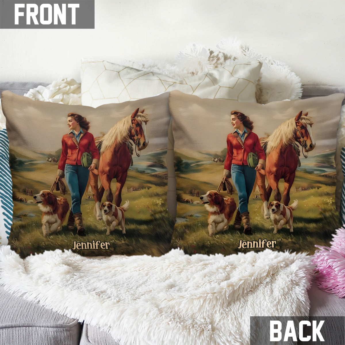 Elle aime les chevaux et les chiens - Coussin décoratif personnalisé à motif cheval