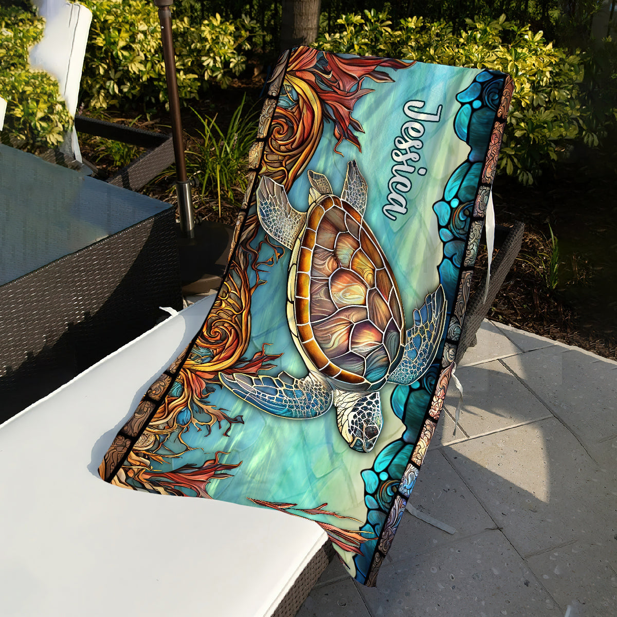 Tortue en vitrail - Serviette de plage/de bain personnalisée à séchage rapide en forme de tortue