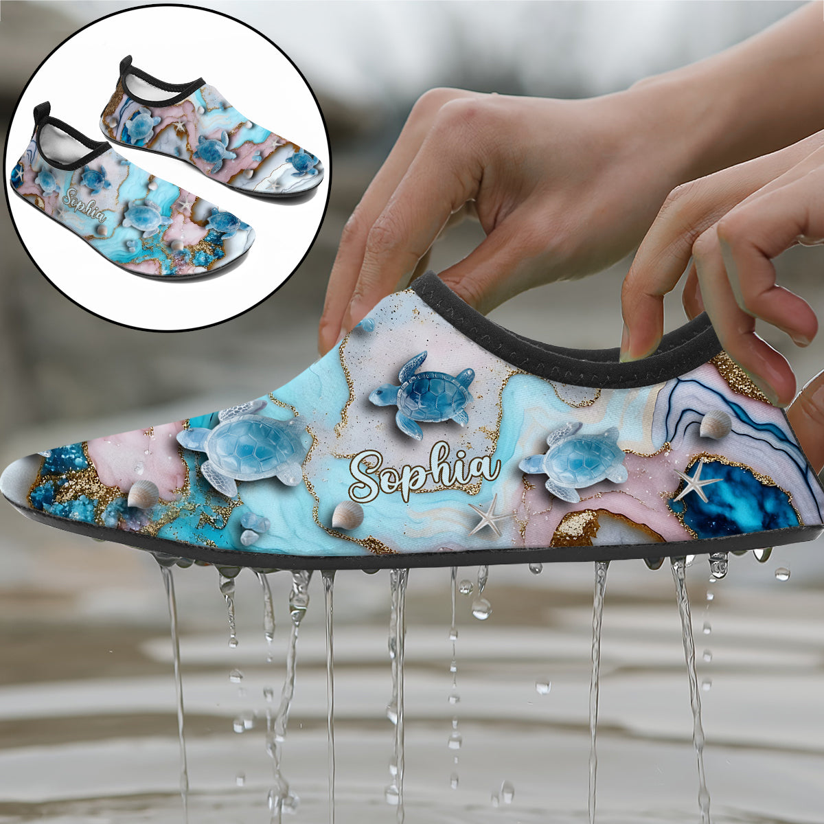 J'adore les tortues ! Chaussures d'eau personnalisées avec des tortues.