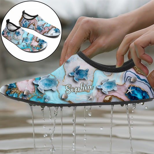 J'adore les tortues ! Chaussures d'eau personnalisées avec des tortues.