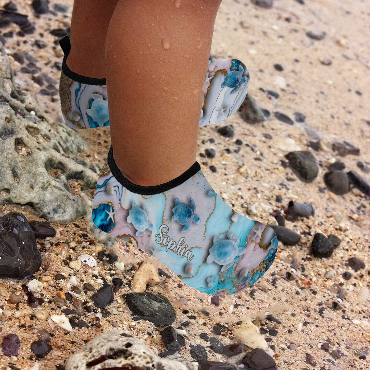 J'adore les tortues ! Chaussures d'eau personnalisées avec des tortues.