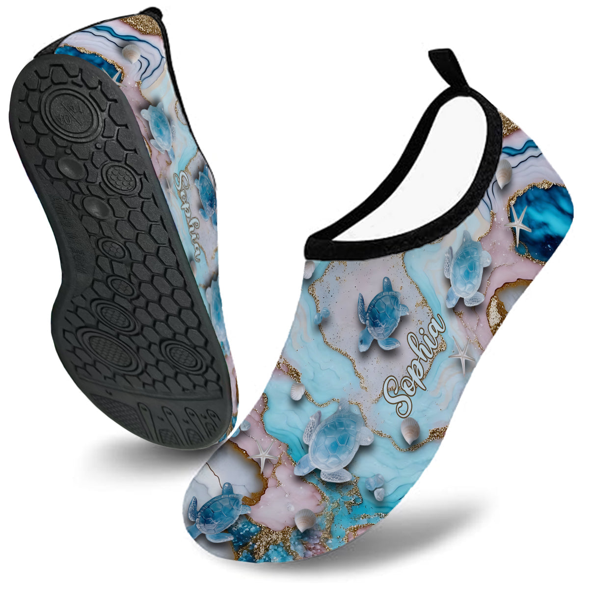 J'adore les tortues ! Chaussures d'eau personnalisées avec des tortues.