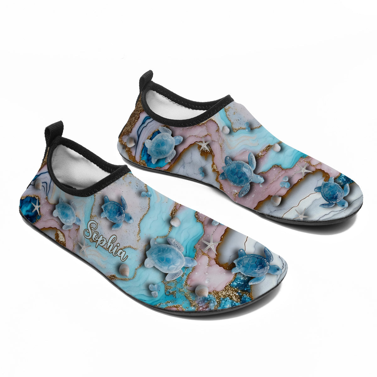 J'adore les tortues ! Chaussures d'eau personnalisées avec des tortues.