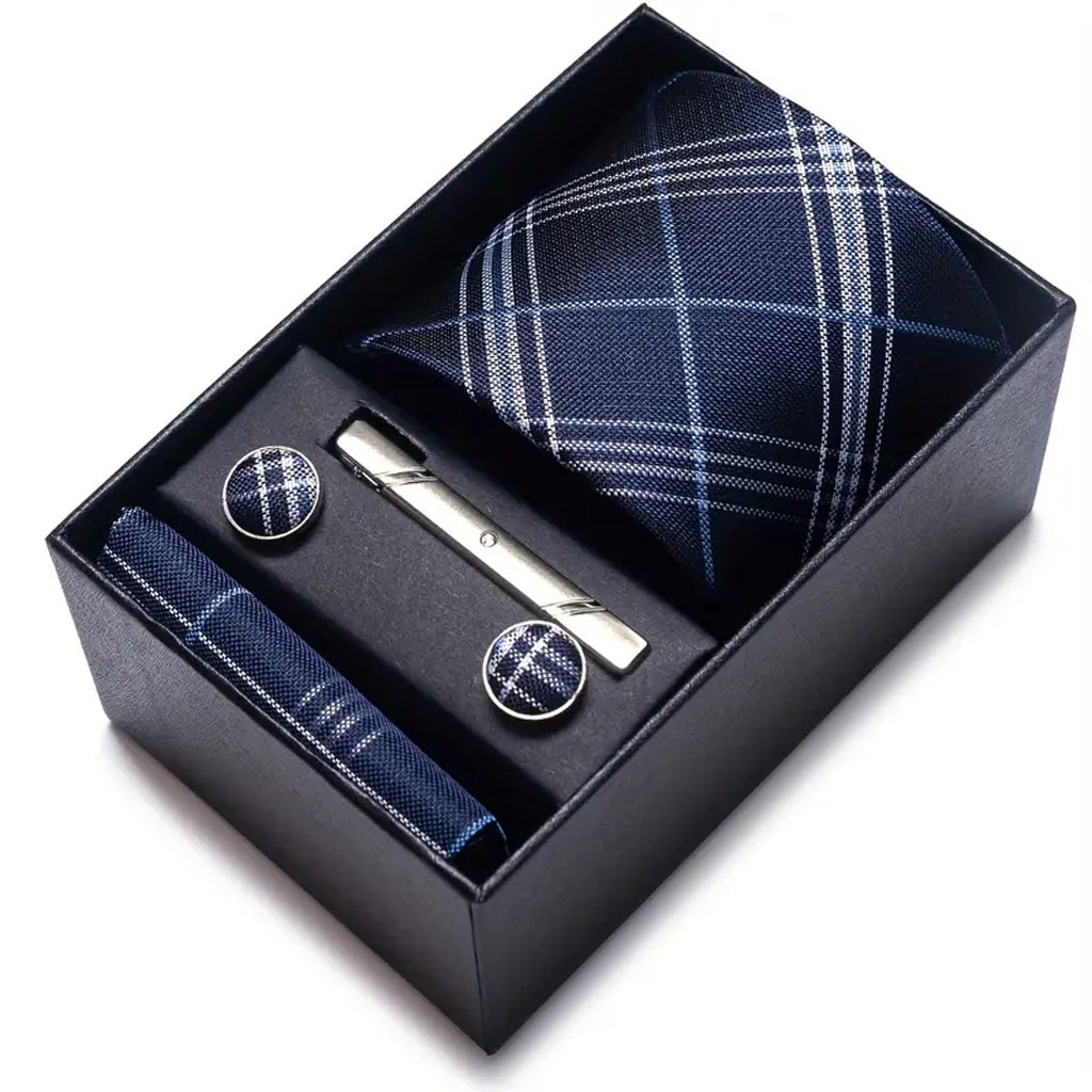 Coffret cadeau cravate avec mouchoir, boutons de manchette et pince à cravate