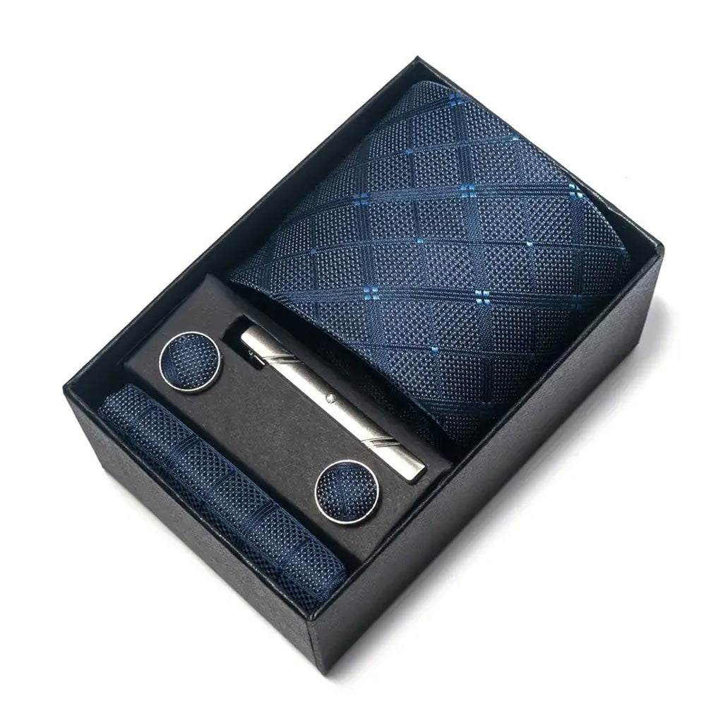 Coffret cadeau cravate avec mouchoir, boutons de manchette et pince à cravate