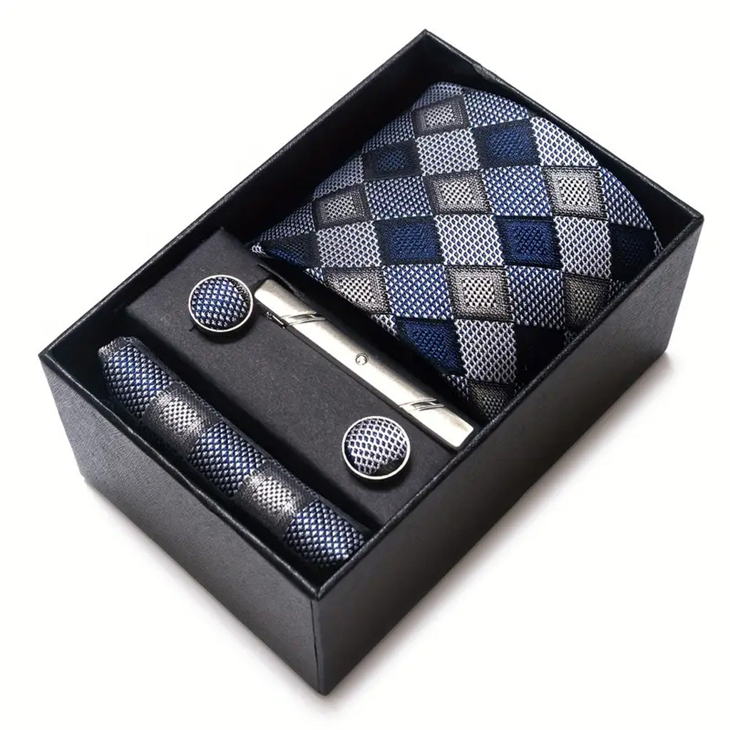 Coffret cadeau cravate avec mouchoir, boutons de manchette et pince à cravate