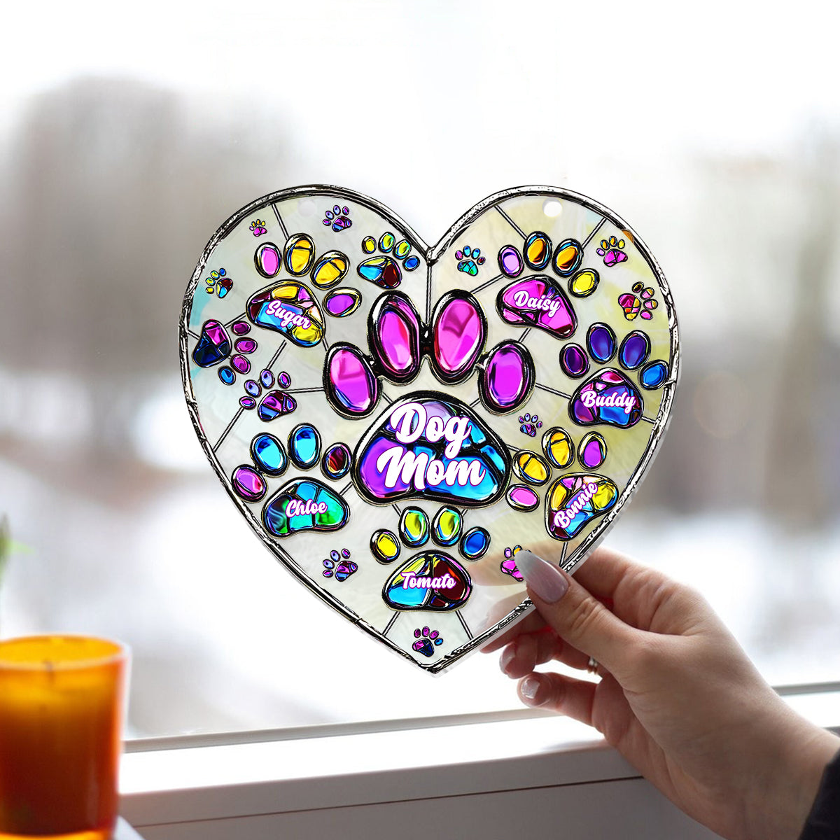 Colorful Heart Paw Dog Mom - Personalized Dog Window Hanging Suncatcher Ornament