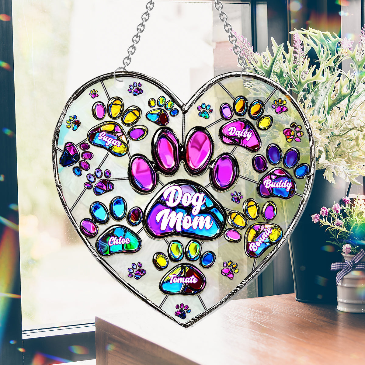 Colorful Heart Paw Dog Mom - Personalized Dog Window Hanging Suncatcher Ornament
