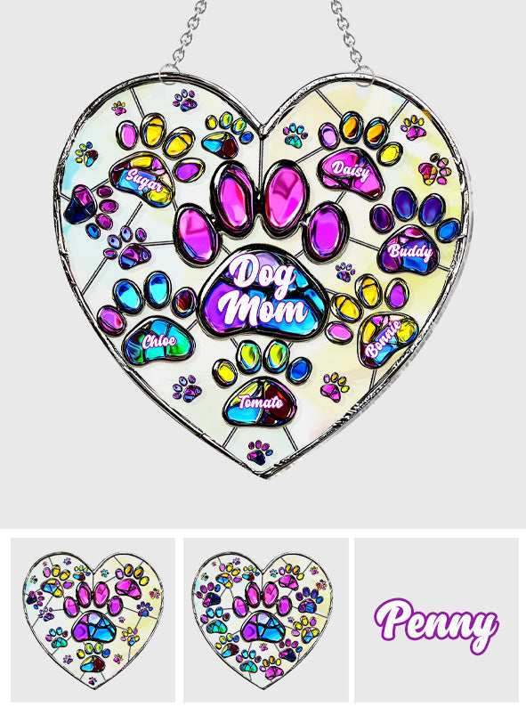 Colorful Heart Paw Dog Mom - Personalized Dog Window Hanging Suncatcher Ornament