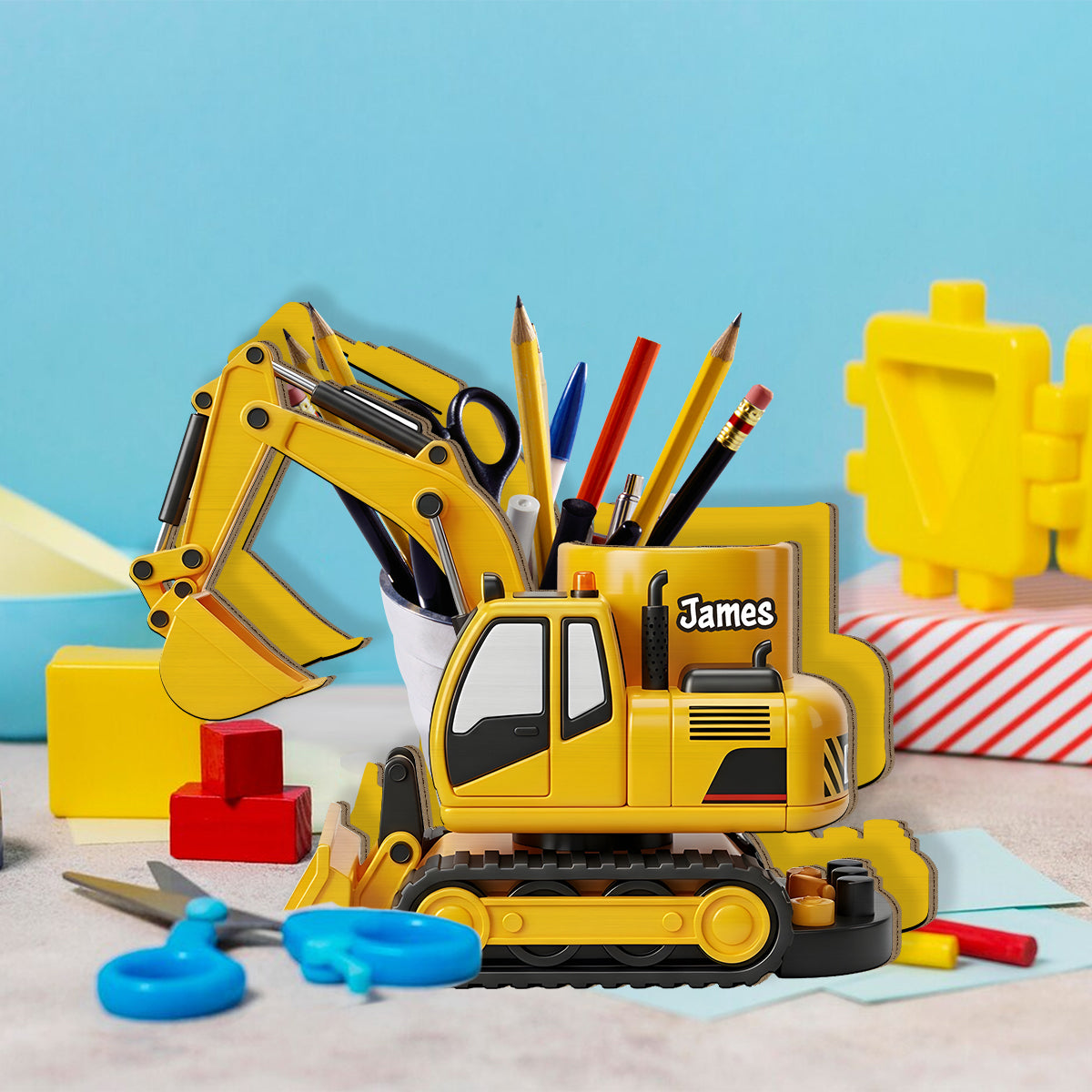 Véhicule de chantier cool - Porte-stylo en bois personnalisé pour enfant