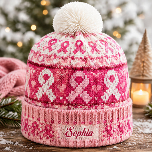 Pink Ribbon Love & Hope - Personalized Breast Cancer Awareness Beanie Hat