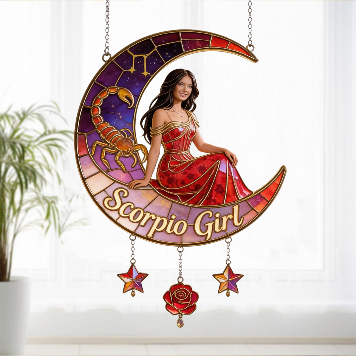 Any Photo Zodiac Style - Personalized Horoscope Window Hanging Suncatcher With Charms