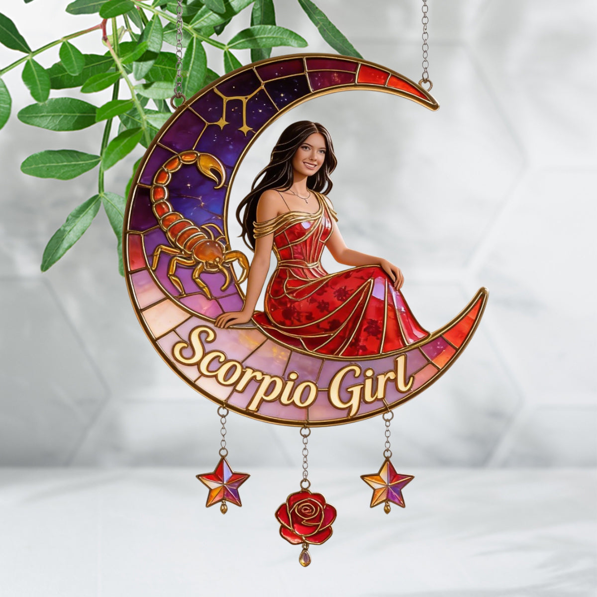 Any Photo Zodiac Style - Personalized Horoscope Window Hanging Suncatcher With Charms