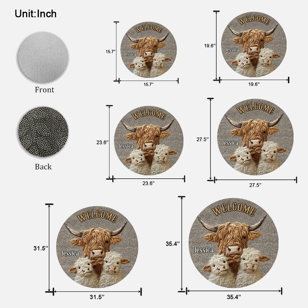 Bienvenue avec Love Highland Cow - Paillasson/Tapis de porte personnalisé en forme de vache des Highlands