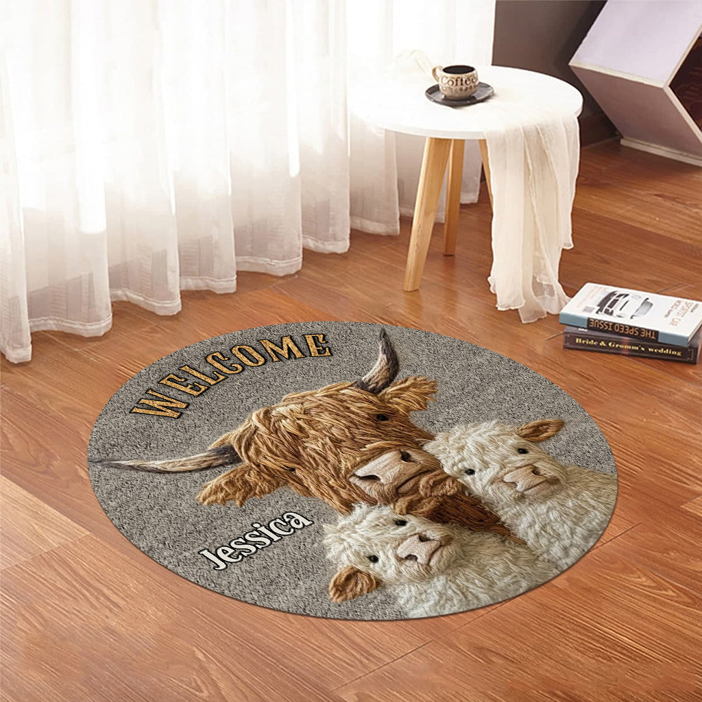 Bienvenue avec Love Highland Cow - Paillasson/Tapis de porte personnalisé en forme de vache des Highlands