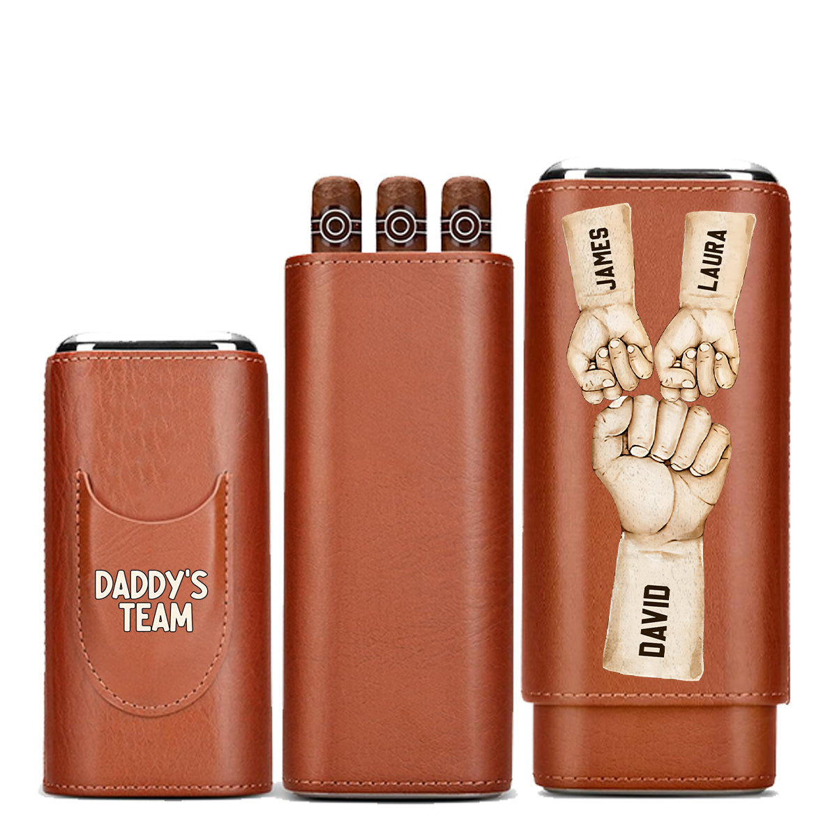 Daddy's Team Fist Bump - Personalized Father Leather Cigar Humidor Case