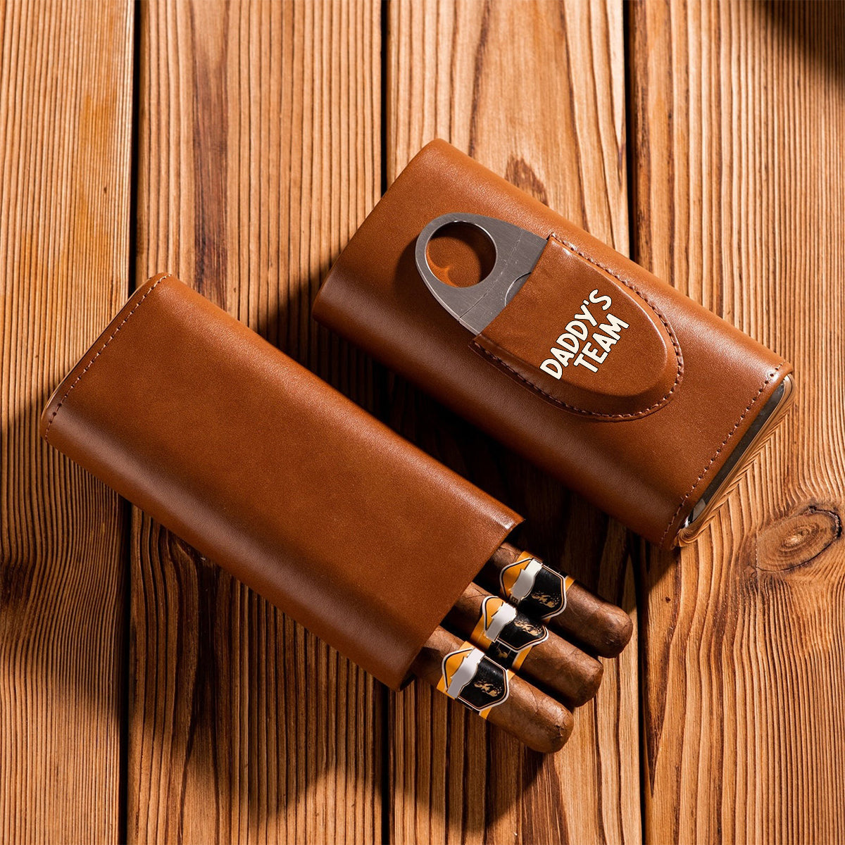 Daddy's Team Fist Bump - Personalized Father Leather Cigar Humidor Case