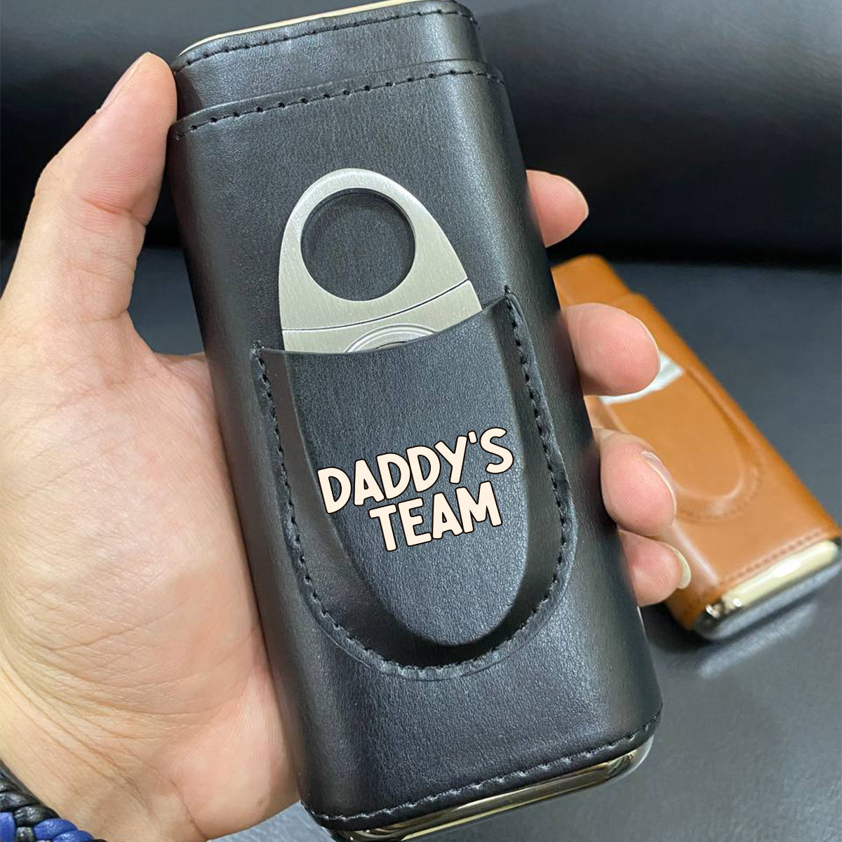 Daddy's Team Fist Bump - Personalized Father Leather Cigar Humidor Case