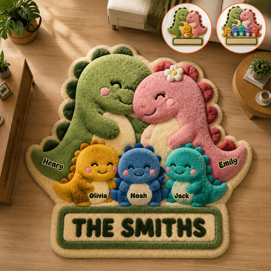 Famille de dinosaures joyeuse - Tapis tufté antidérapant personnalisé