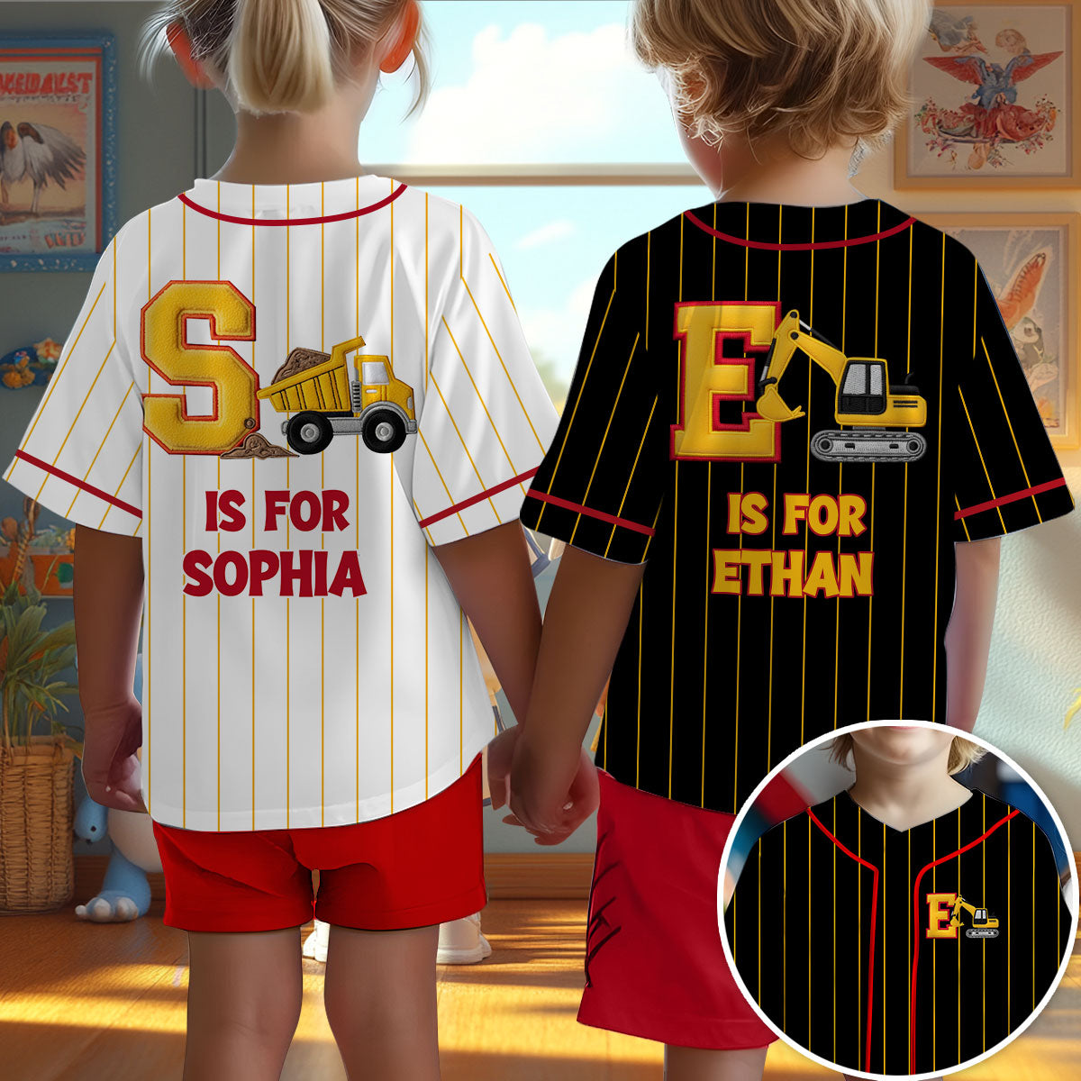 Véhicules de construction de l'alphabet - Maillot de baseball personnalisé pour enfant