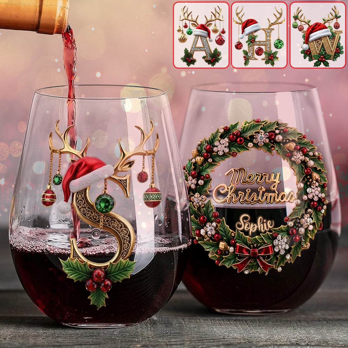 Joyeux Noël - Verre à vin personnalisé avec initiales - Alphabet familial