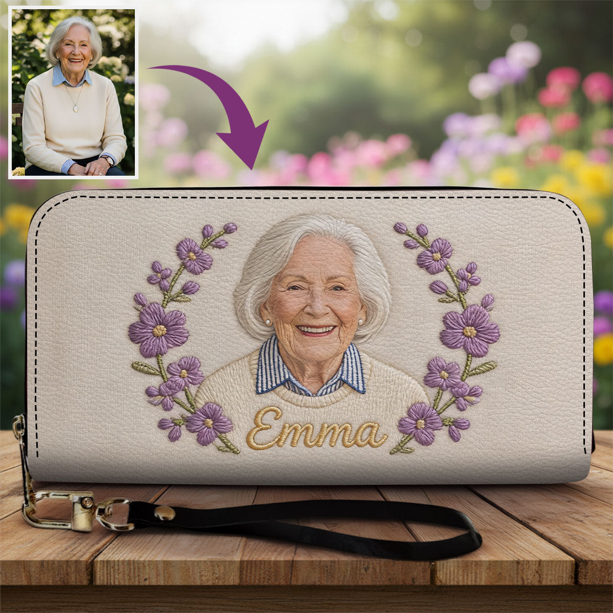 Portefeuille long en cuir personnalisé avec fleur de naissance et nom - Amour de soi