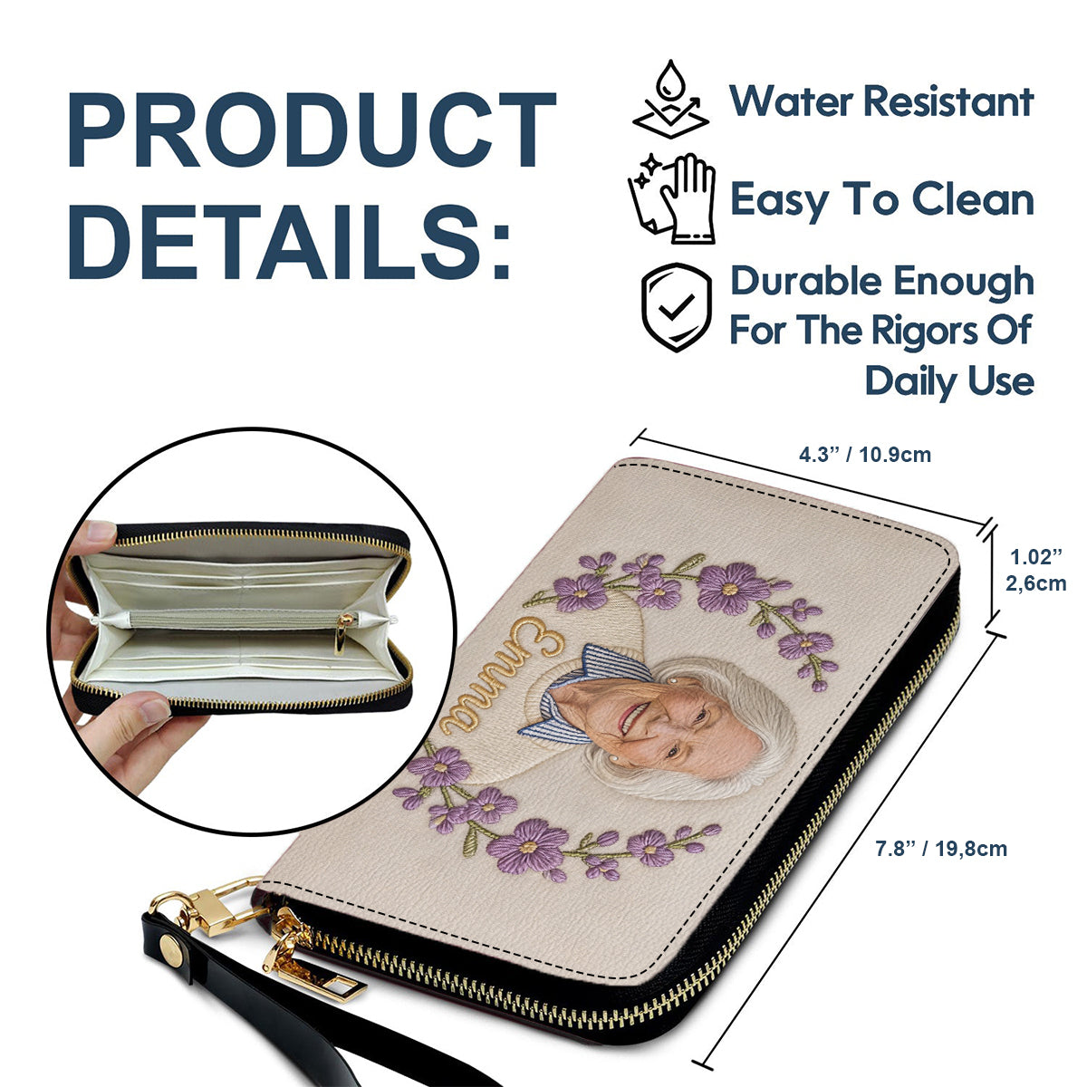 Portefeuille long en cuir personnalisé avec fleur de naissance et nom - Amour de soi