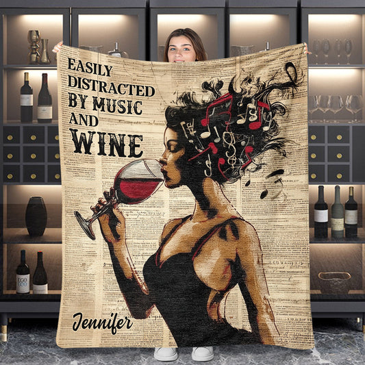Easily Distracted by Music and Wine - Personalized Wine Blanket