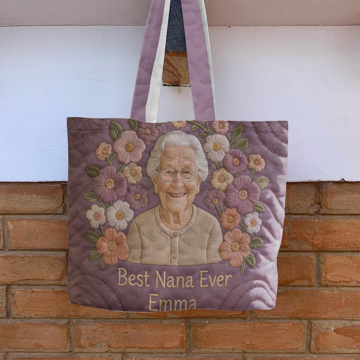 Floral Portrait Quilted Tote - Personalized Grandma Quilted Tote Bag