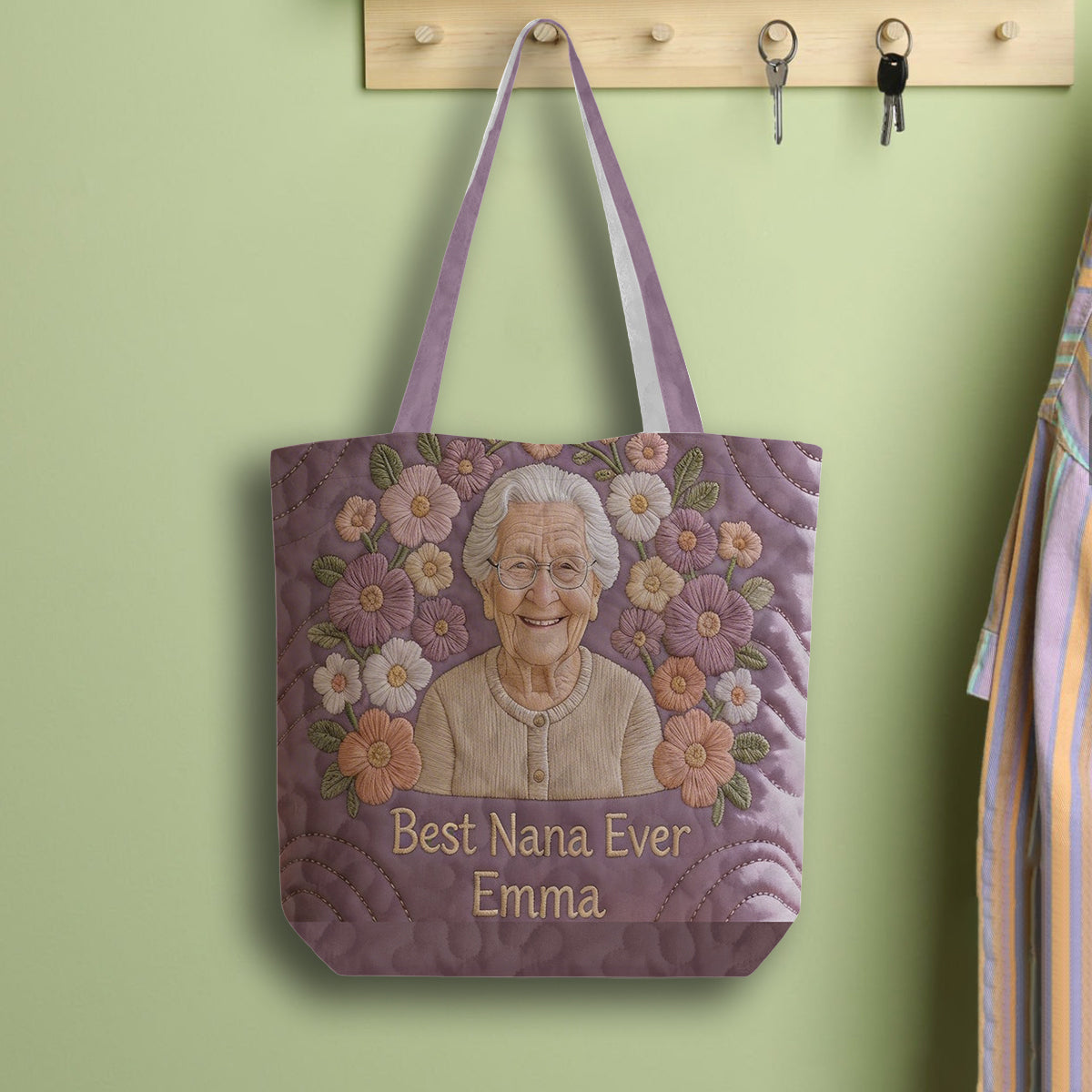 Floral Portrait Quilted Tote - Personalized Grandma Quilted Tote Bag