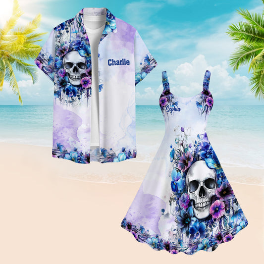 Chemise hawaïenne et robe sans manches à motif floral aquarelle et crâne - Chemise hawaïenne et robe sans manches personnalisées à motif crâne -