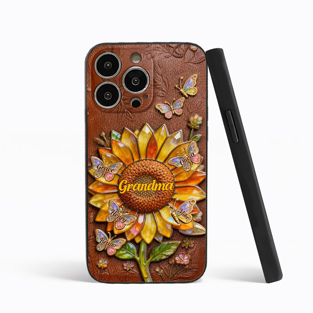 Grandma Sunflower - Personalized Grandma 3D Embossed Leather Phone Case