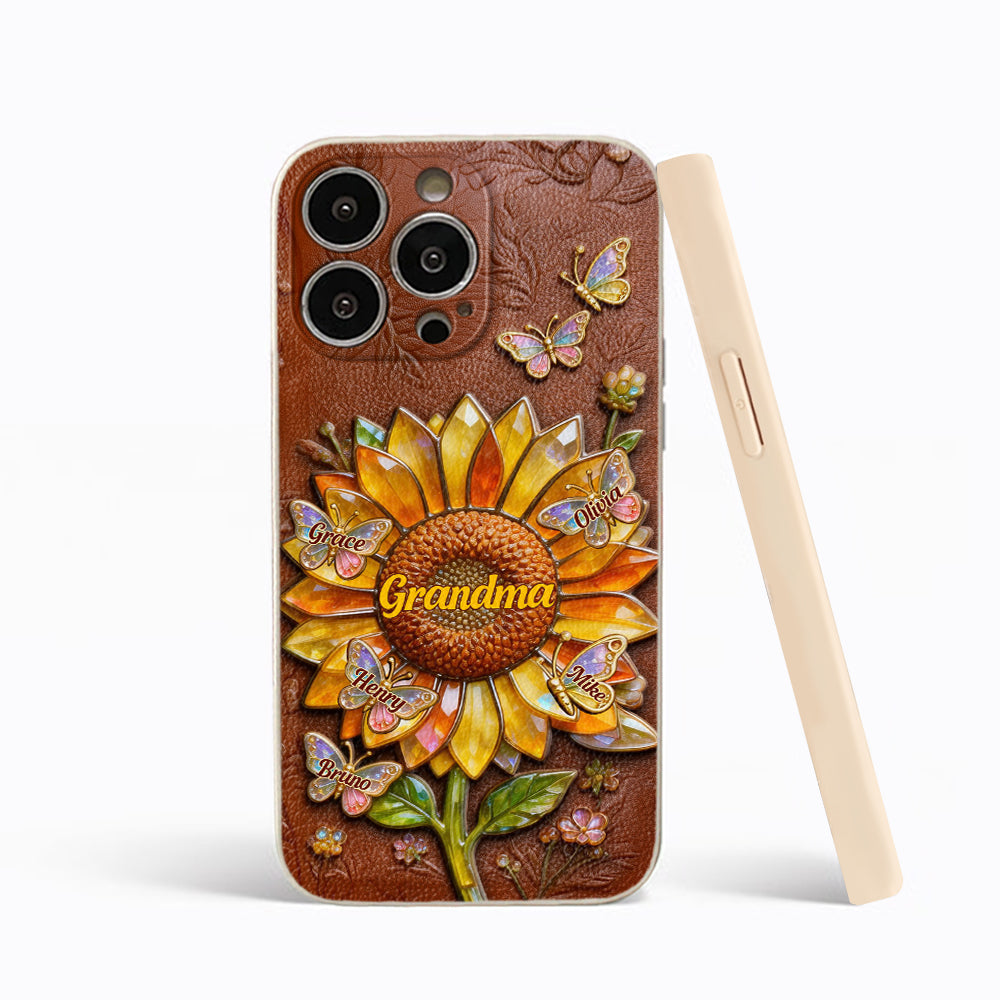 Grandma Sunflower - Personalized Grandma 3D Embossed Leather Phone Case