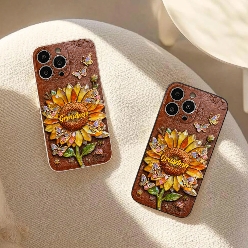 Grandma Sunflower - Personalized Grandma 3D Embossed Leather Phone Case