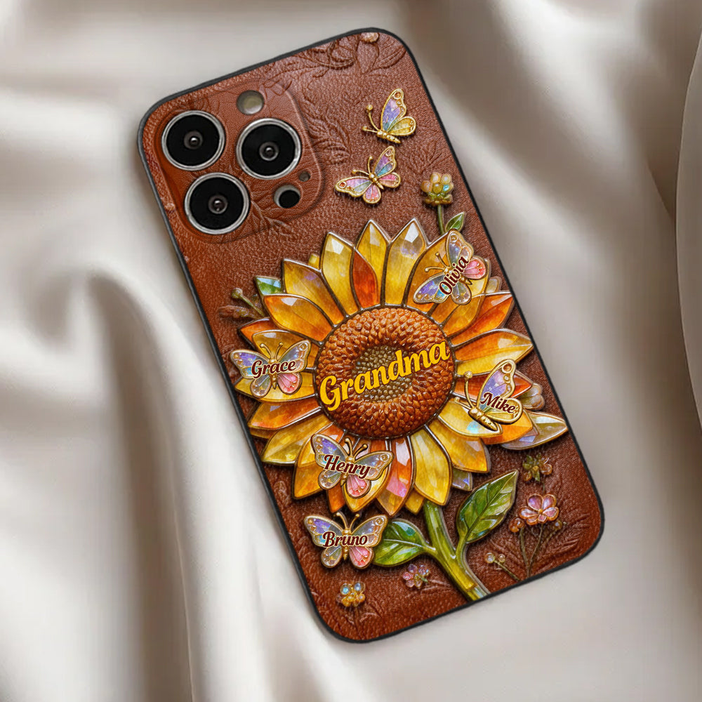 Grandma Sunflower - Personalized Grandma 3D Embossed Leather Phone Case