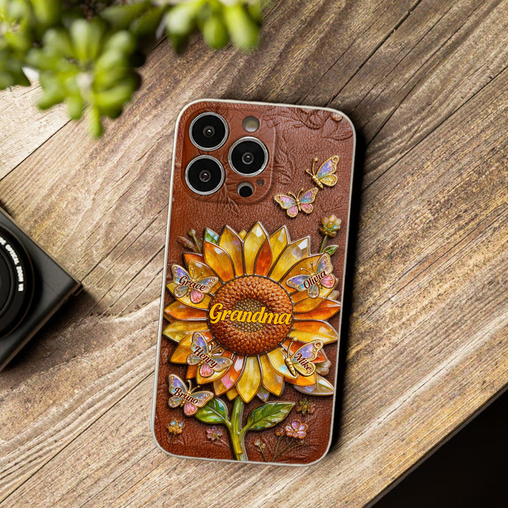 Grandma Sunflower - Personalized Grandma 3D Embossed Leather Phone Case