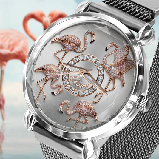 Montre-bracelet personnalisée pour femme avec flamants roses « Love Flamingos » 