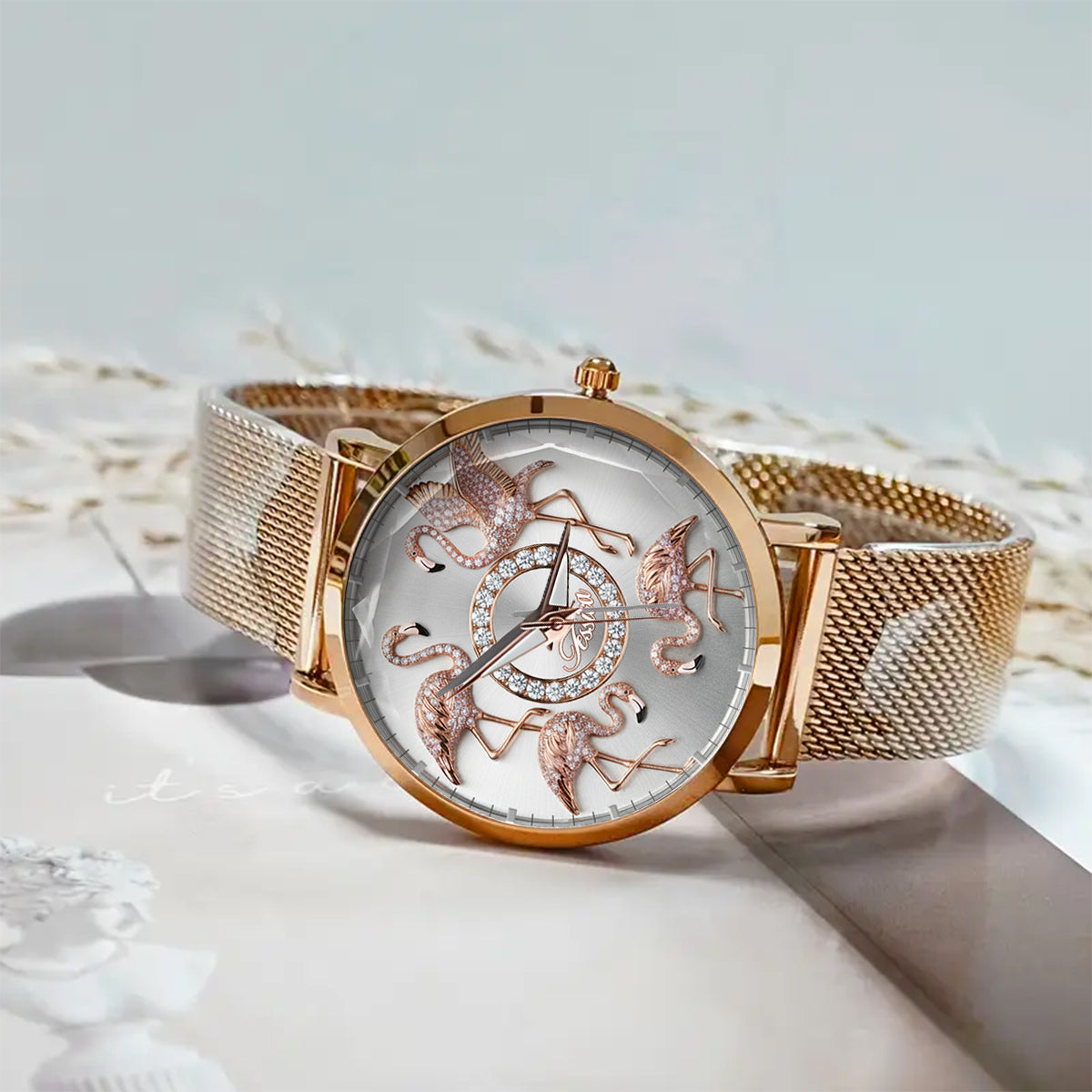 Montre-bracelet personnalisée pour femme avec flamants roses « Love Flamingos » 