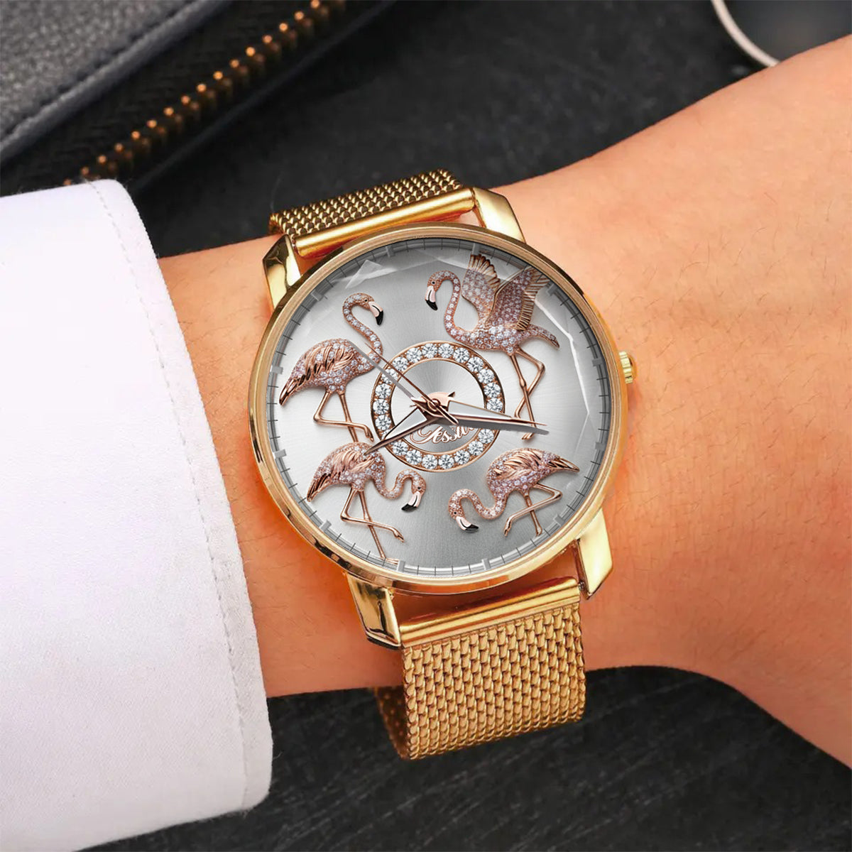 Montre-bracelet personnalisée pour femme avec flamants roses « Love Flamingos » 