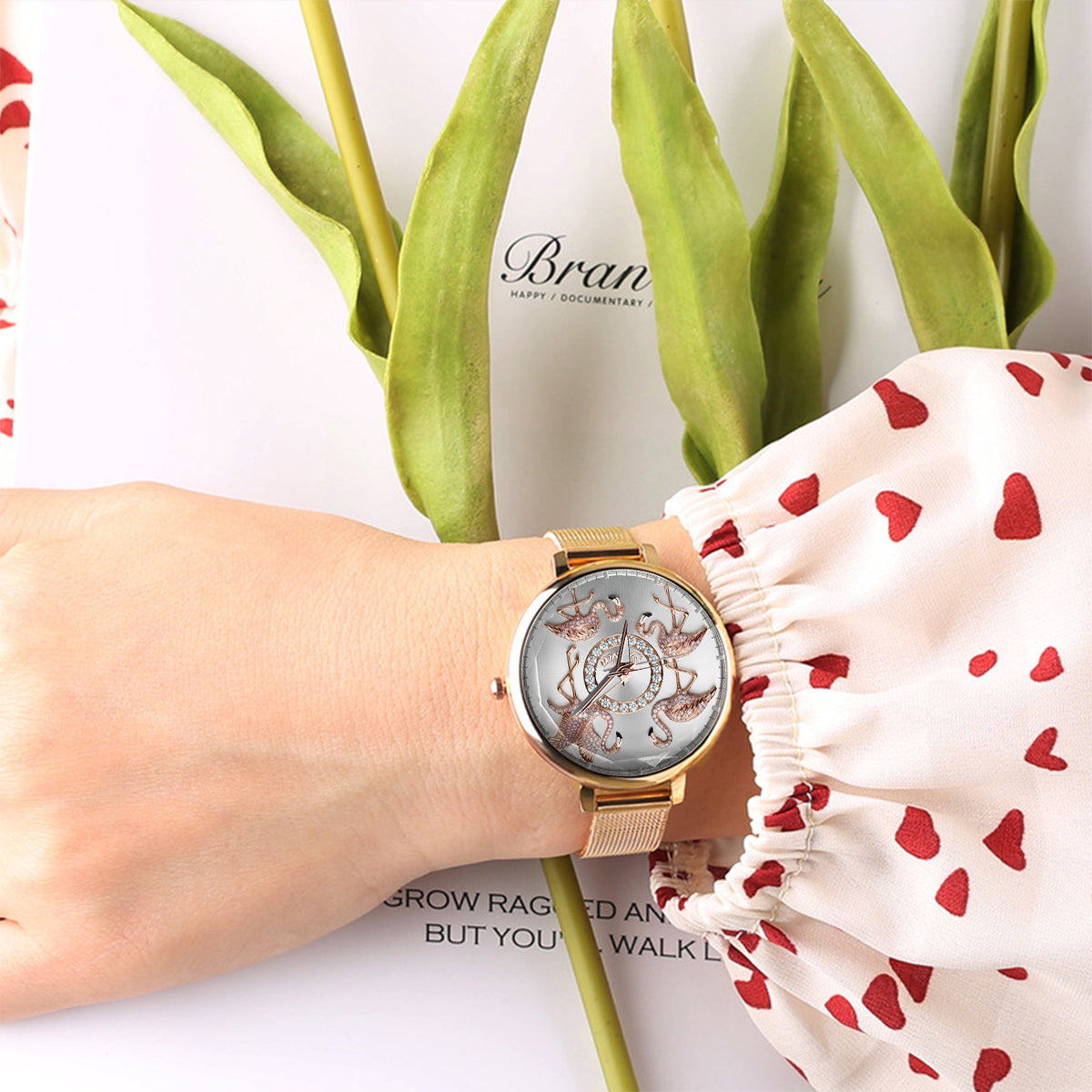 Montre-bracelet personnalisée pour femme avec flamants roses « Love Flamingos » 