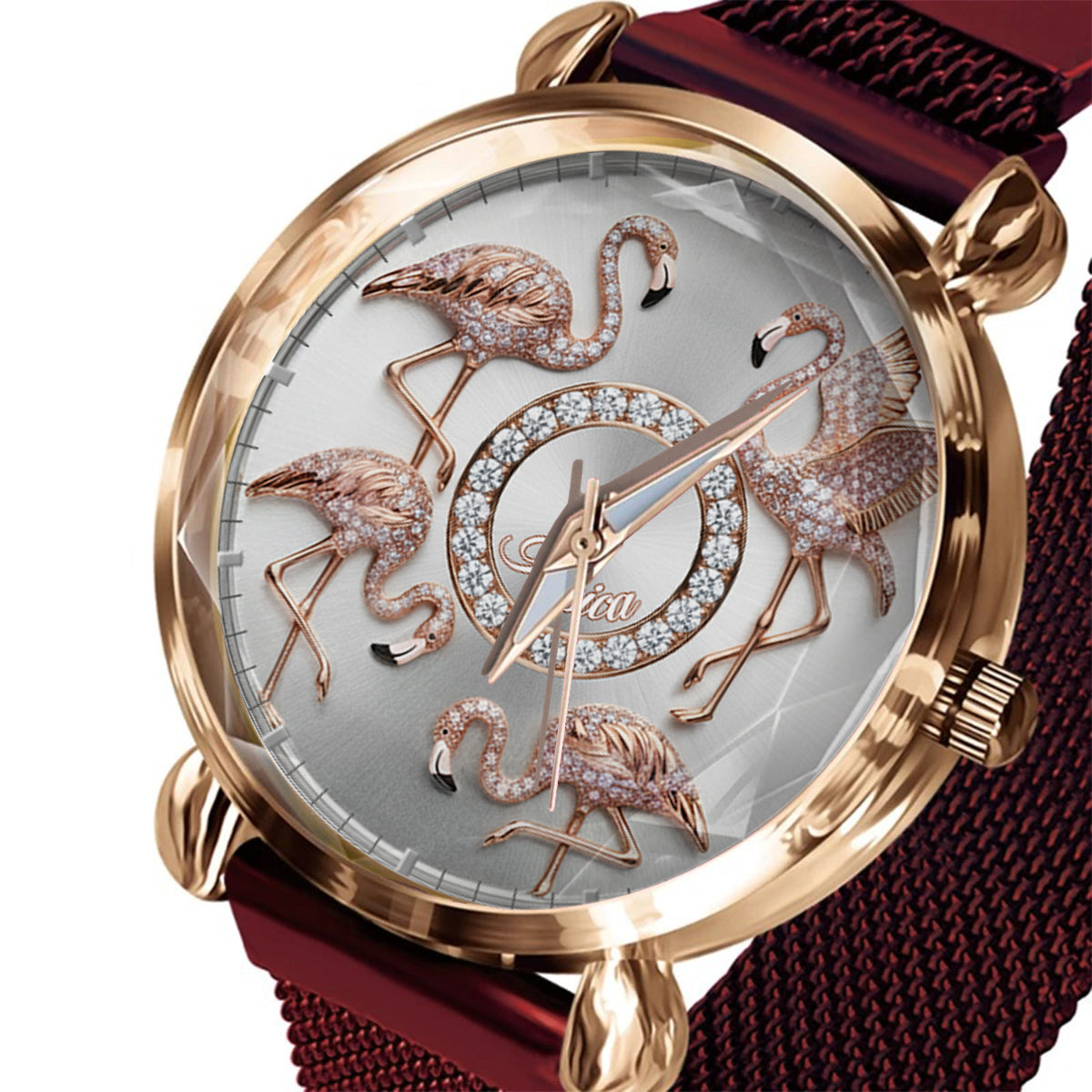 Montre-bracelet personnalisée pour femme avec flamants roses « Love Flamingos » 