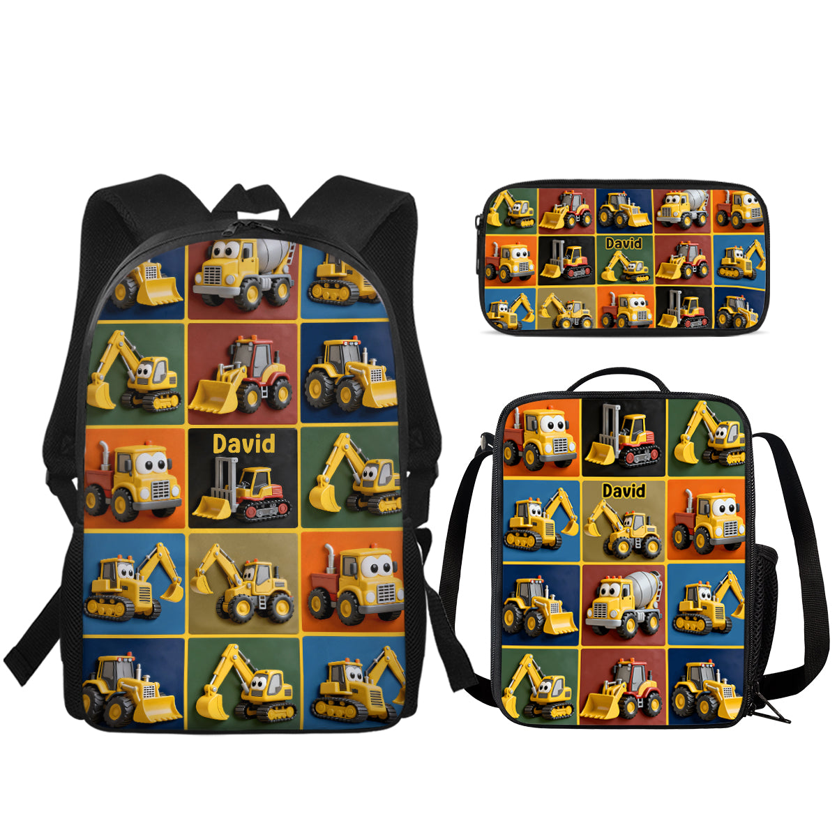 Machines de chantier - Ensemble sac à dos, sac à goûter et trousse personnalisés pour enfant