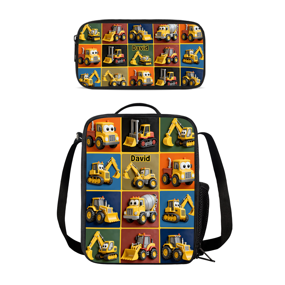 Machines de chantier - Ensemble sac à dos, sac à goûter et trousse personnalisés pour enfant