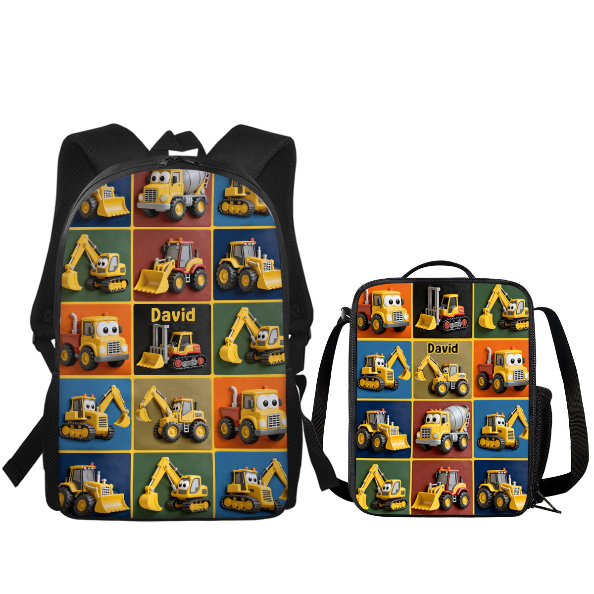 Machines de chantier - Ensemble sac à dos, sac à goûter et trousse personnalisés pour enfant