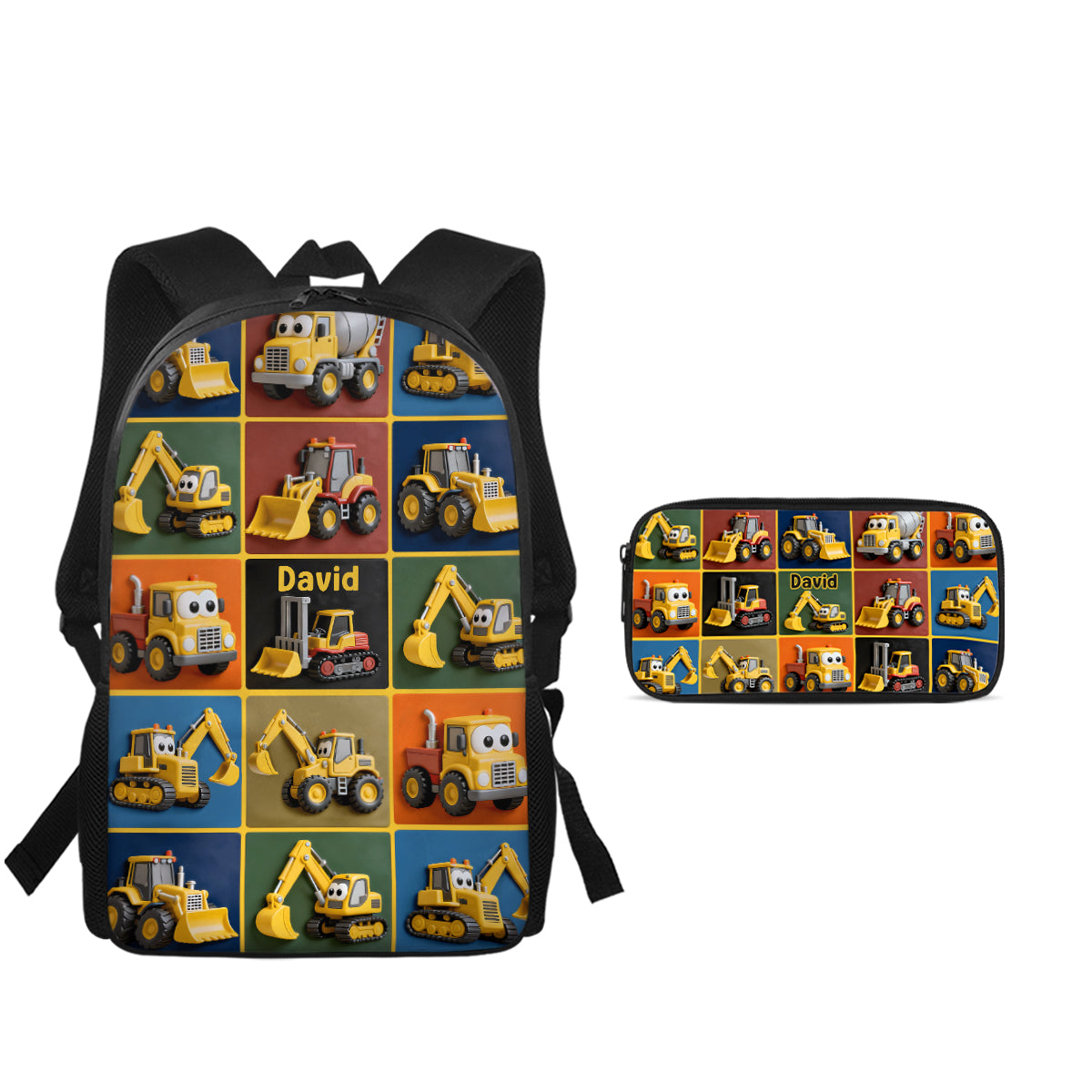 Machines de chantier - Ensemble sac à dos, sac à goûter et trousse personnalisés pour enfant