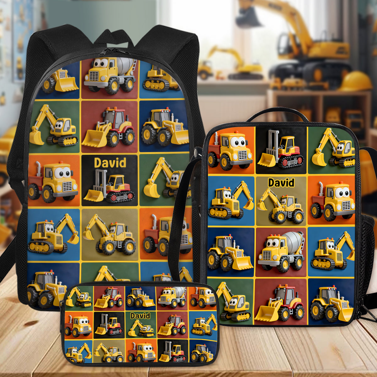 Machines de chantier - Ensemble sac à dos, sac à goûter et trousse personnalisés pour enfant