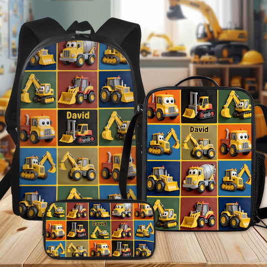 Construction Machines - Personalized Kid Backpack Lunch Bag Pencil Case Set